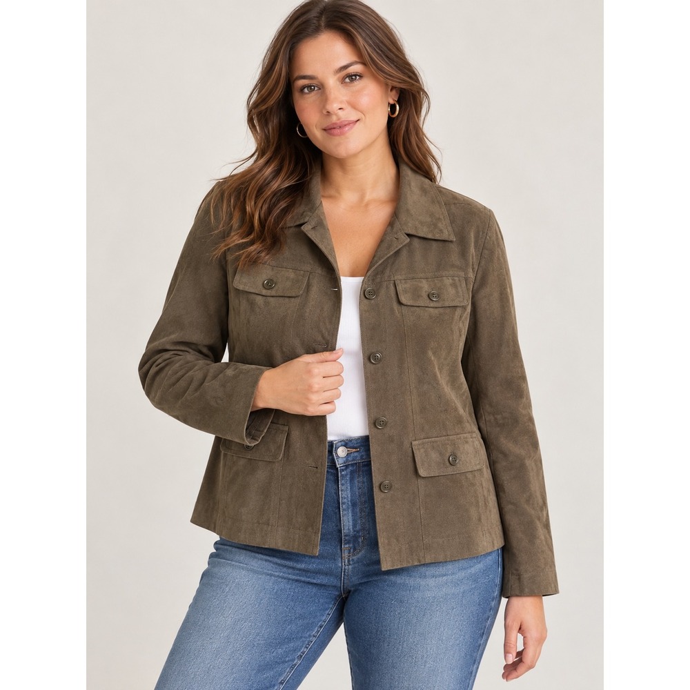 Rafael Olive Green Faux Suede Utility Jacket Size 16 Button Front Pocketed